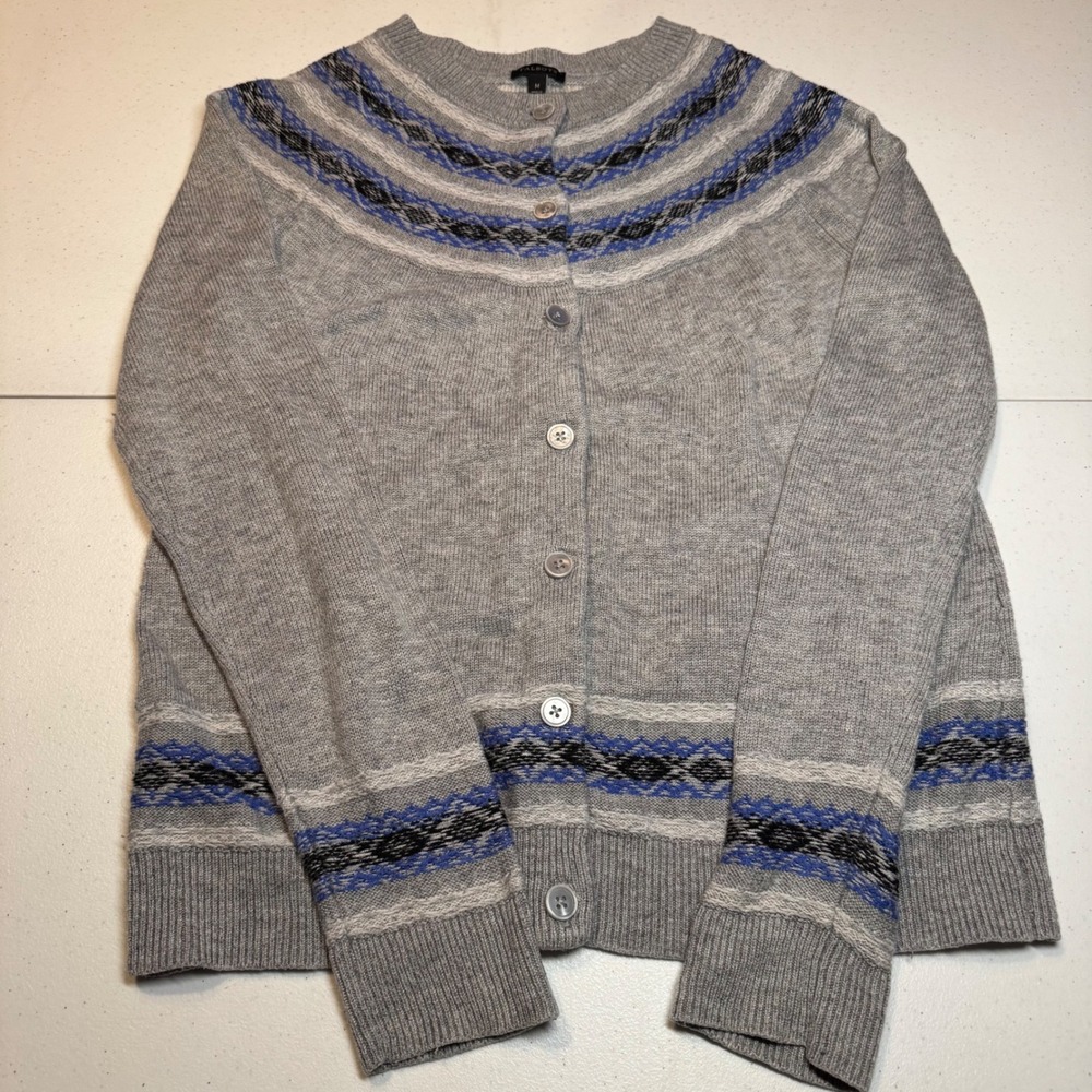 Lambswool Blend‎ Knit Talbots Gray Fair Isle Preppy Button Front Cardigan Medium